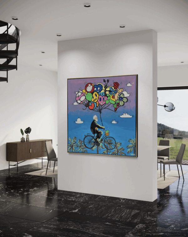 "Pursuit of Happiness" painting on canvas with colorful cartoon balloons and soft sunset tones